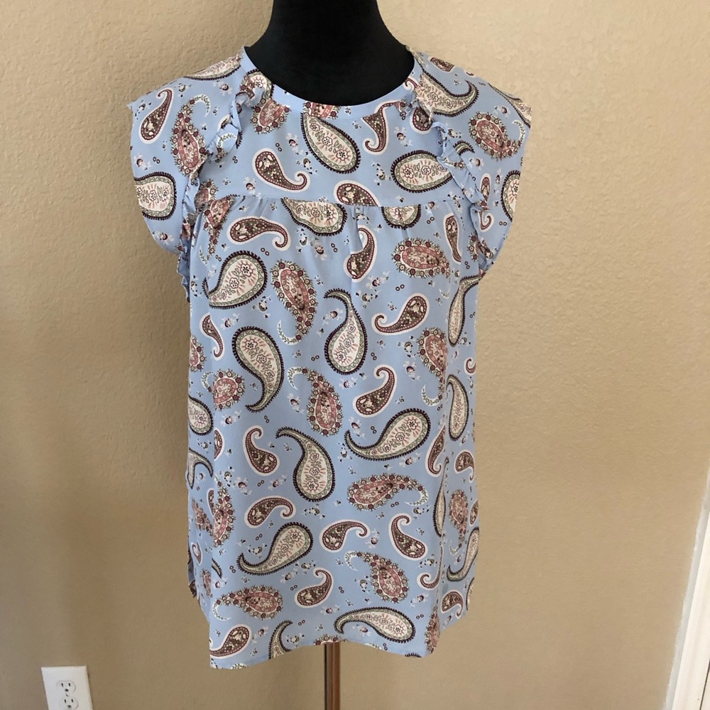 Sleeveless Light Blue Paisley Ruffle Yoke Top